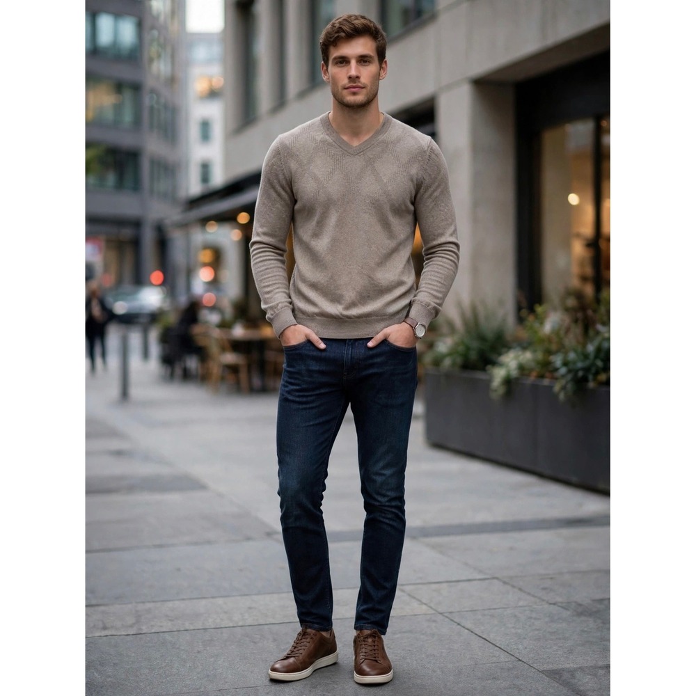Hugo Boss Miles Slim Fit V-Neck Extrafine Merino Wool Sweater Taupe Brown Large